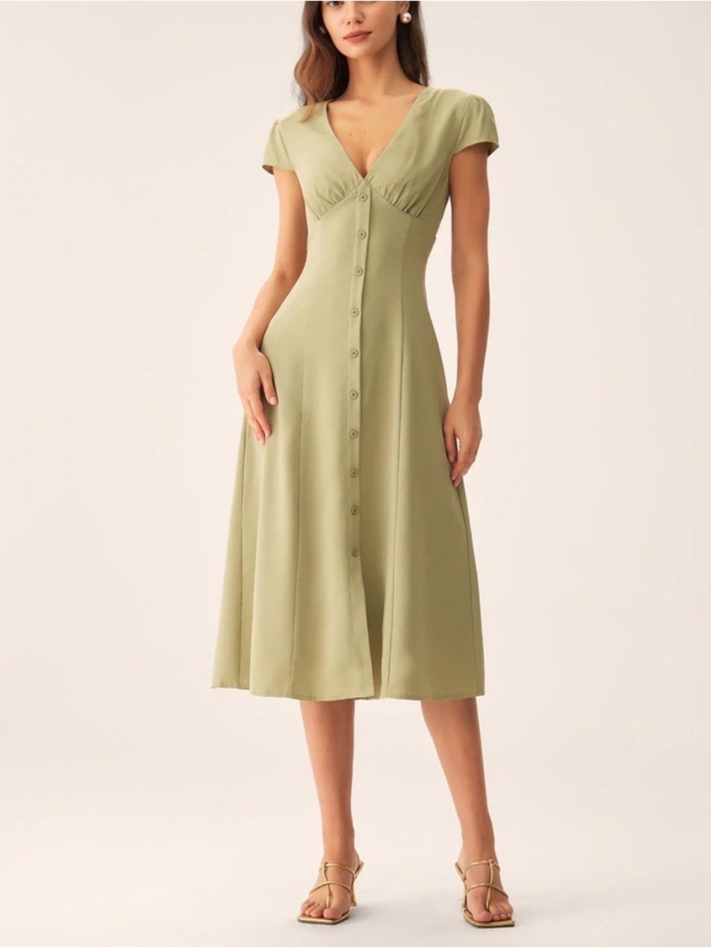 RIHOAS Green V-Neck Button Midi Dress
